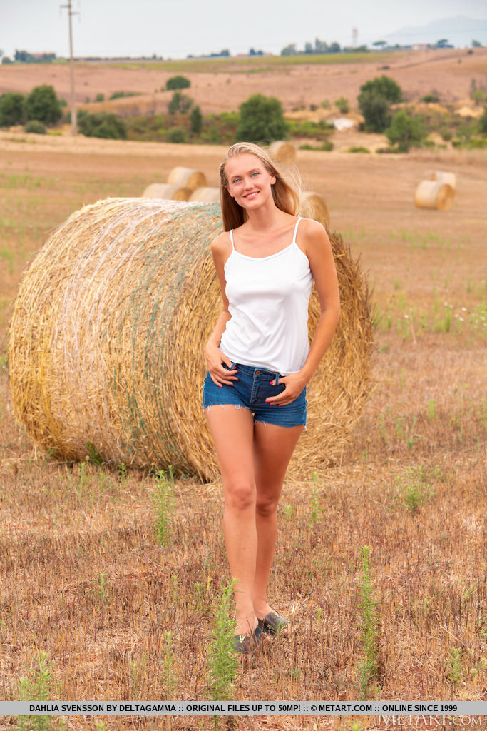 Stunning new model Dahlia Svensson divests her white tank top and denim shorts and exposes her long slender body and sexy bikini tan lines in an open field.