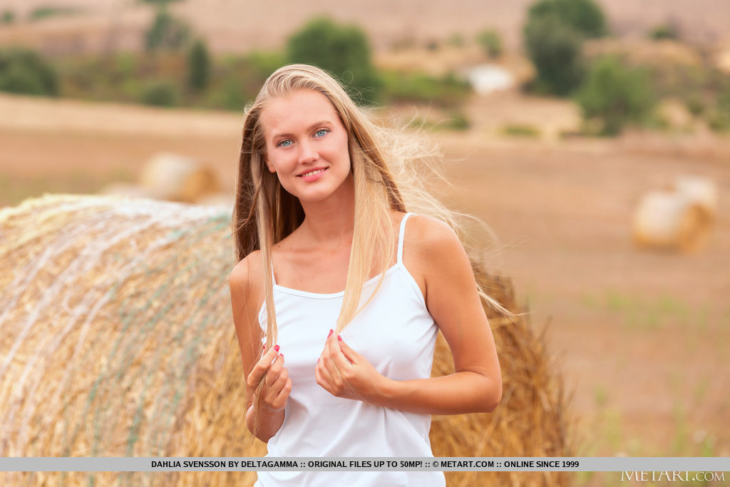 Stunning new model Dahlia Svensson divests her white tank top and denim shorts and exposes her long slender body and sexy bikini tan lines in an open field.