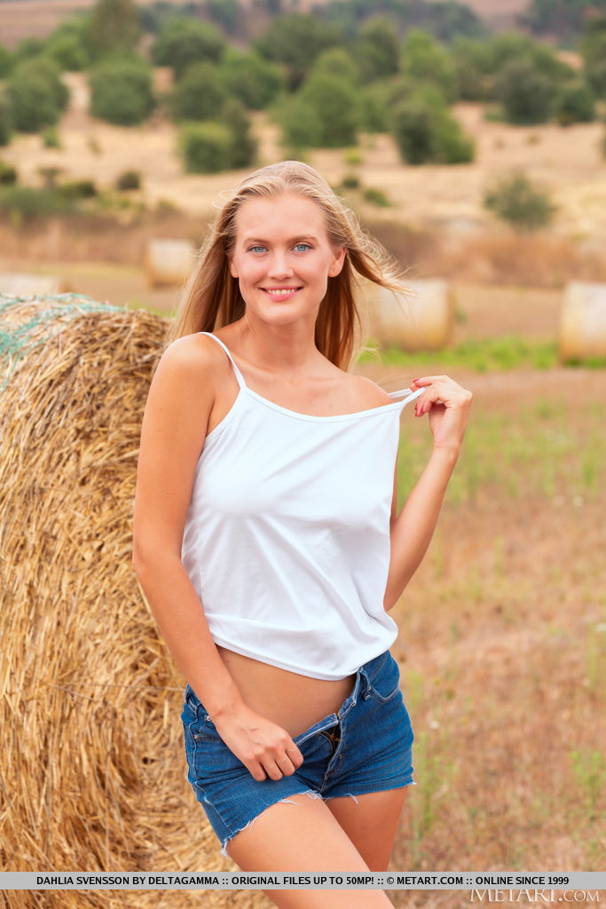 Stunning new model Dahlia Svensson divests her white tank top and denim shorts and exposes her long slender body and sexy bikini tan lines in an open field.